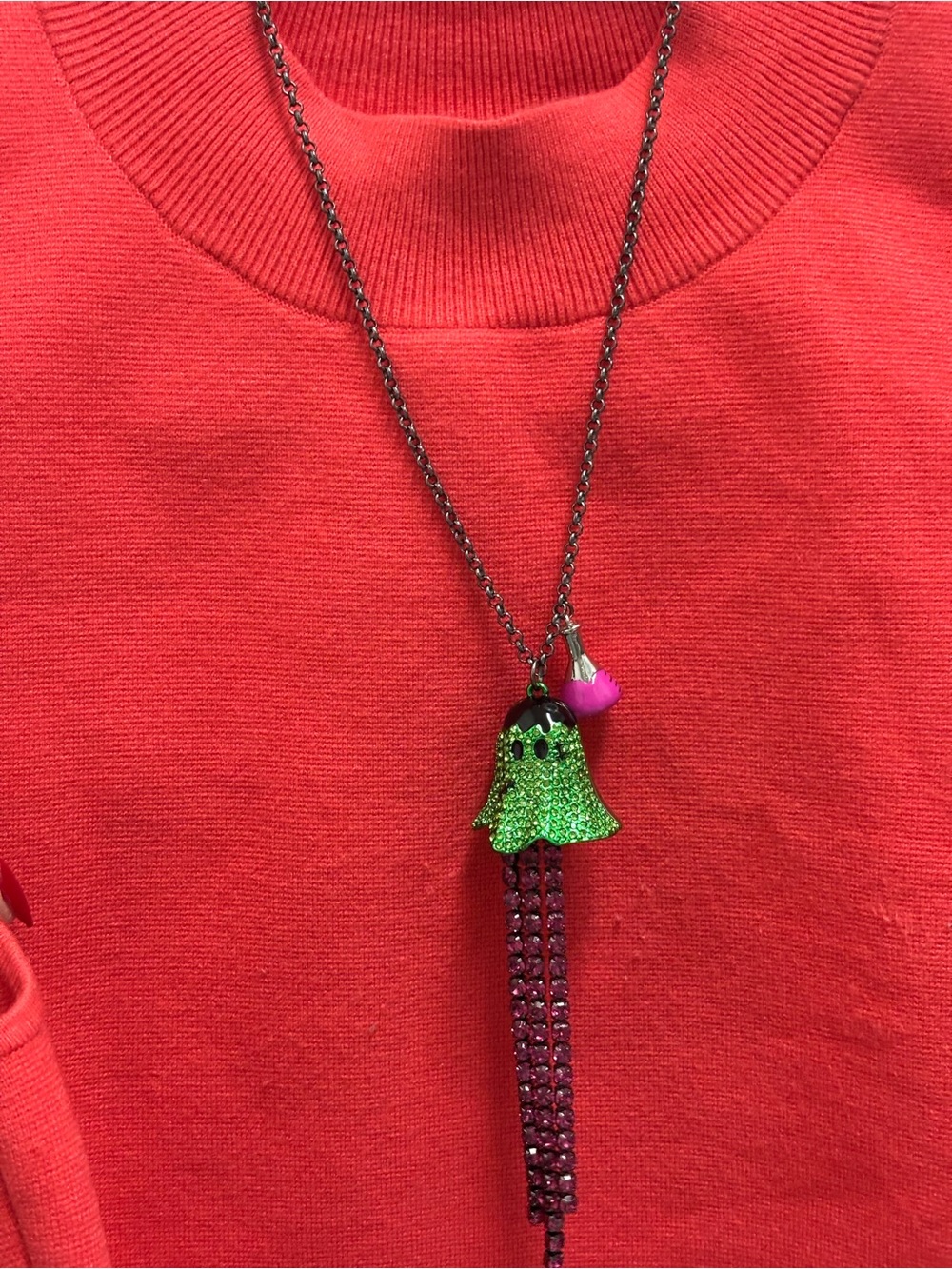 Green Bell Charm Necklace with Pink Accent